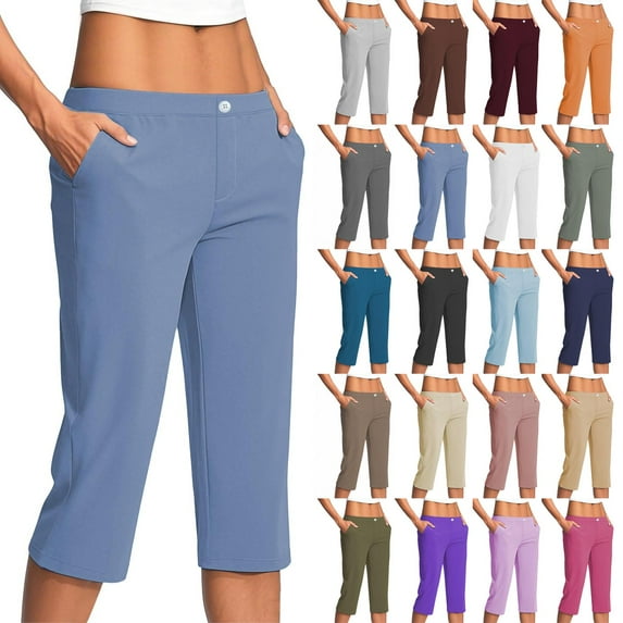 Gifts for Mom! QATAINLAV Capri Pants for Women Dressy Casual Stretch Office Work Cropped Pant Summer Lightweight Yoga Workout Capris with Pockets Blue S