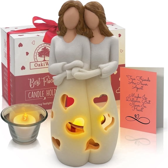 OakiWay Sisters BFF, Mom- Daughter Candle Holder with Flickering LED Candle - Mothers Day Friendship Bday, Bestie, BFF Christmas Unique Present