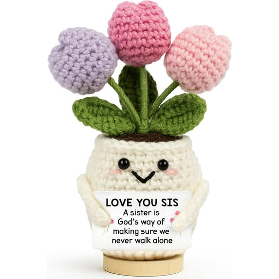 Gifts for Sister - Cute Christmas, Mothers Day, Birthday Gifts for Moms - Emotional Positive Support Crochet Flower Plush - Knitted Positive Tulip Flowers Crochet Doll