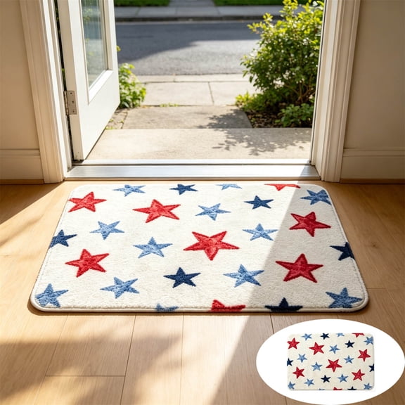 Gifts TTJ Patriotic Bow Flag Doormat, Cute Wavy Entrance Carpet, Red White Blue Star Entry Rug, Indoor Outdoor Front Door Mat, 4th of July Holiday Home Decor Accent