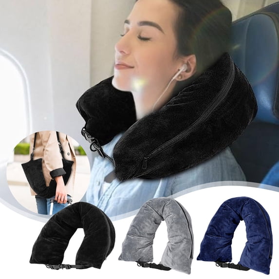 Gifts TTJ Stuffable Velvet Travel Neck Pillow Inflatable U Shaped Pillow Adjustable Size Compact Packable Travel Pillow With Velvet Cover For Plane Car Office Portable Comfort