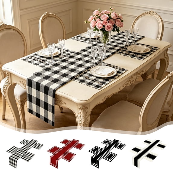 Gifts TTJ Table Runner And 4-Placemat Set Linen-Style Heat-Resistant Dining Table Decor Washable Reversible Holiday Tabletop Centerpiece Placemat Combined Set For Kitchen Dining Party Entertaining
