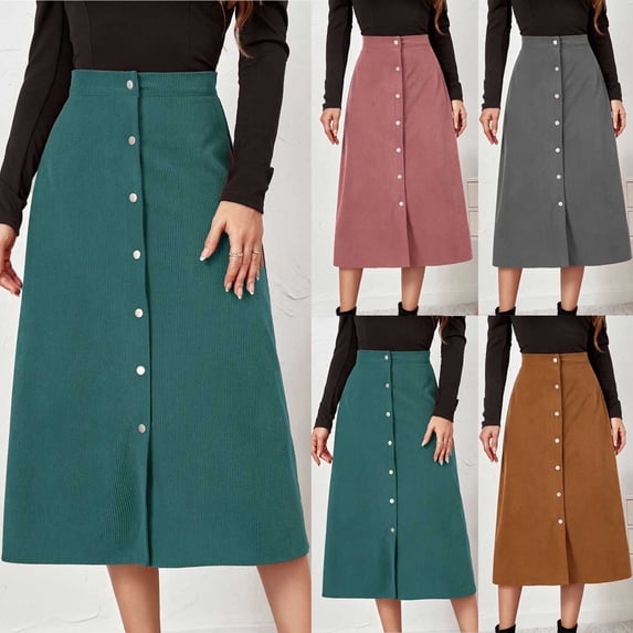 Gifts USSUMA Corduroy Button Mid-Calf High-Waist Skirt A-Line Pull-On Design With Front Buttons Rustic Workwear Style For Autumn Layering Weekend And Casual Wear