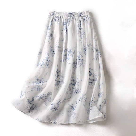Gifts USSUMA Double-Layer Floral Midi Skirt Elastic Waist Pleated A-Line Breathable Pull-On Design For Casual Everyday Resort Travel Brunch And Versatile Summer Styling