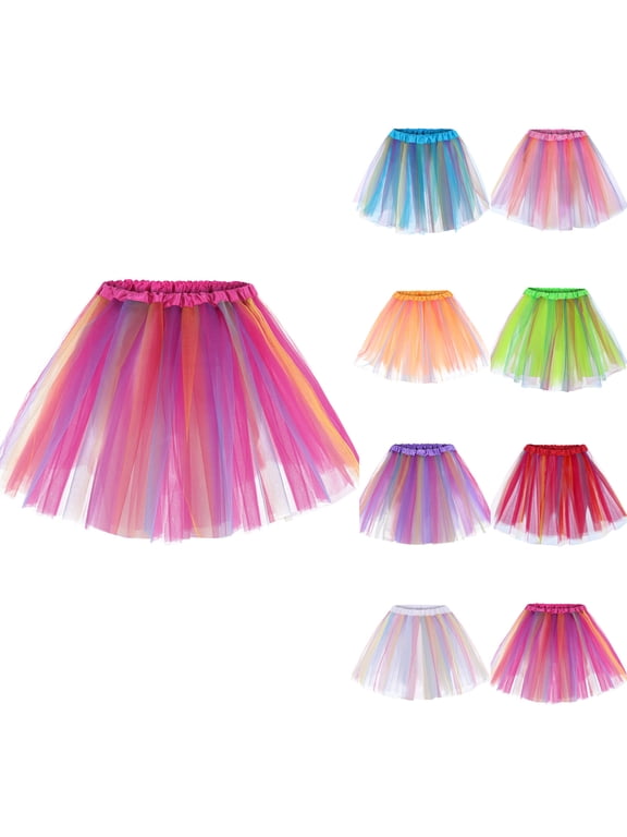 Gifts USSUMA Rainbow Layered Tulle Puffy Dance Skirt Elastic Waist Three-Tier Pleated Mini Tutu For Performances Parades Festivals And Costume Parties — Rainbow Tutu Skirt