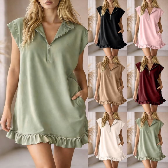 Gifts USSUMA V-Neck Short Sleeve Pleated Dress With Elastic Waist And Pockets Lightweight Midi-Length Flowy Skirtline Versatile Wedding Guest Work Casual And Weekend Styling Dress