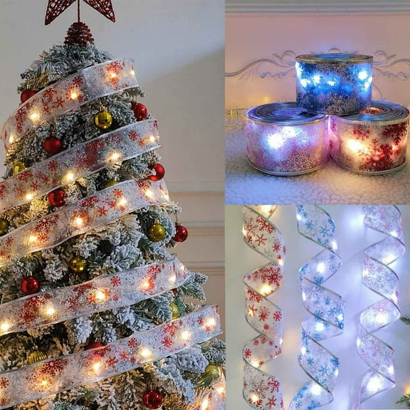 Gifts Under $5 Caoblia Christmas LED Ribbon 16.4FT 50 LED Copper Wire Lace Bows String Lights Christmas Ribbon with Lights for Holiday Indoor Xmas Tree Wedding Party Decor, Christmas Decorations