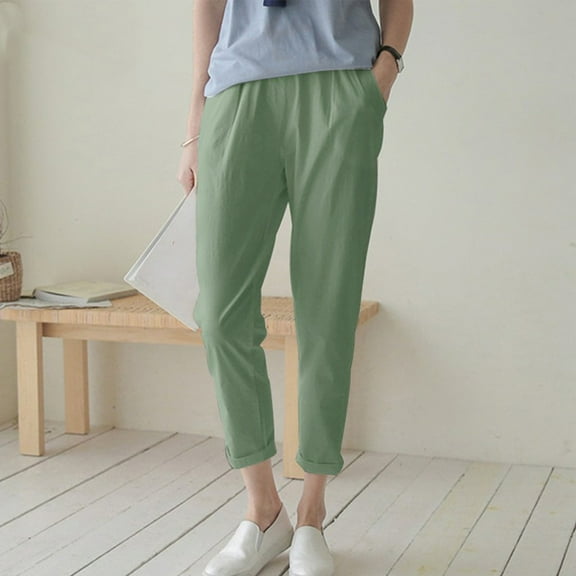 Gifts Usmixi Cropped Trousers for Women Casual Solid High Waist Plus Size Sports Sweatpants Breathable Comfy Cotton Linen Loose Straight Leg Pocket Pants Green XXXXL