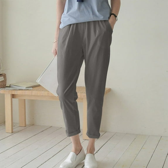 Gifts Usmixi Cropped Trousers for Women Casual Solid High Waist Plus Size Sports Sweatpants Breathable Comfy Cotton Linen Loose Straight Leg Pocket Pants Gray XXXXL