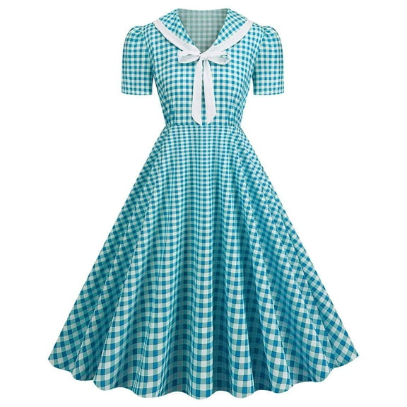 Gifts Usmixi Formal Dresses for Women Cocktail Party Prom Vintage 1950S Pleated Swing A Line Dresses with Bow V-Neck Short Sleeve Plaid Print Summer Midi Dress Sky Blue XL