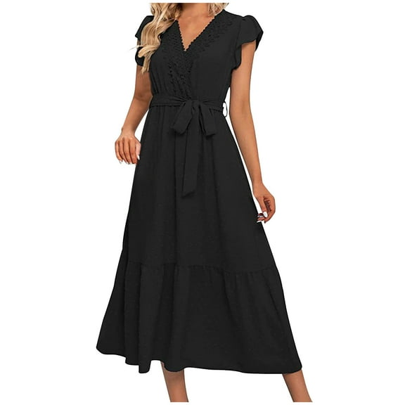 Gifts Usmixi Formal Dresses for Women Elegant Lace Trim Tie Waist Flowy Ruffle Swing Chiffon A Line Dresses V-Neck Short Sleeve Solid Summer Maxi Dress Black XXL