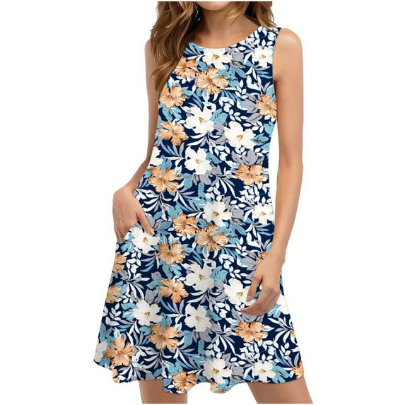 Gifts Usmixi Formal Dresses for Women Flowy Swing Pocket Vintage Ethnic Style Graphics Tank Tshirt Dresses Crewneck Sleeveless Floral Print Summer Mini Dress Navy s