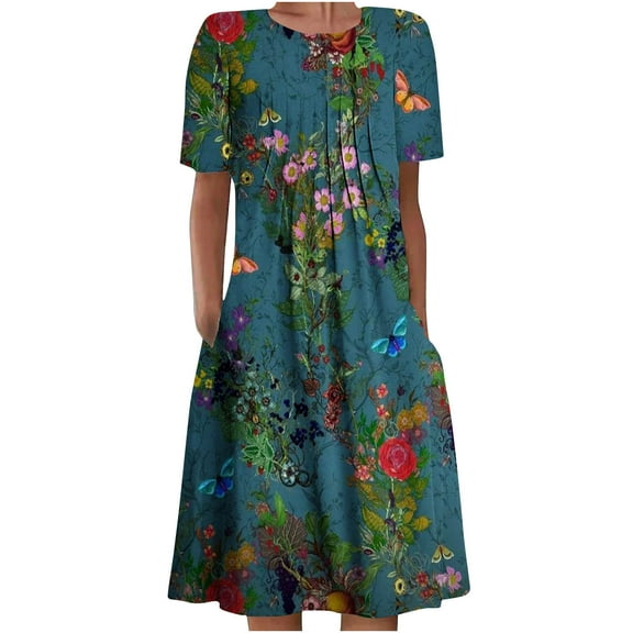 Gifts Usmixi Formal Dresses for Women Loose Pleated Swing Vintage Graphics Tunic Dresses with Pocket Crewneck Short Sleeve Western Print Summer Long Dress Navy m