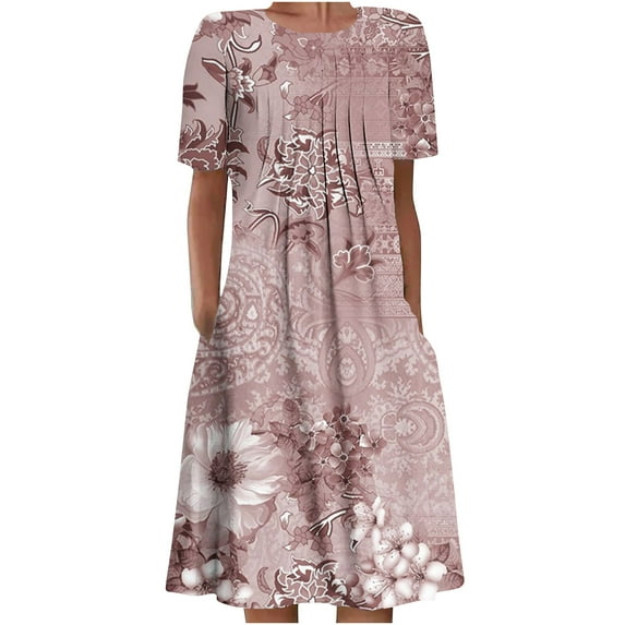 Gifts Usmixi Formal Dresses for Women Loose Pleated Swing Vintage Graphics Tunic Dresses with Pocket Crewneck Short Sleeve Western Print Summer Long Dress Pink s
