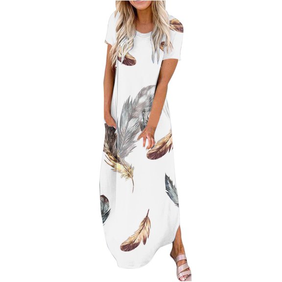 Gifts Usmixi Formal Dresses for Women Loose Pocket Fashion Marbled Print Irregular Slit Maxi Dresses Round Neck Short Sleeve Feather Print Summer Long Dress White XL