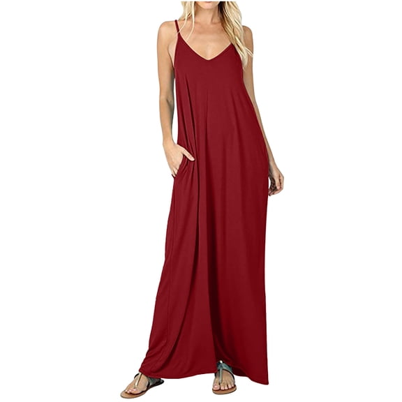 Gifts Usmixi Formal Dresses for Women Party Prom Casual High Waist Spaghetti Strap Long Dresses with Pocket V-Neck Sleeveless Solid Summer Maxi Dress Red XXL