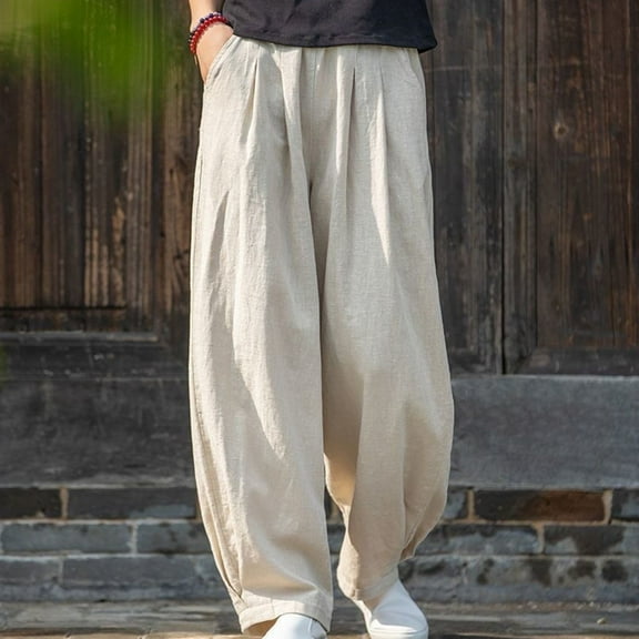 Gifts Usmixi Plus Size Trousers for Women Vintage Cotton Linen Solid Breathable Summer Long Pants Elastic Waist Loose Straight Pocket Pants Beige XL