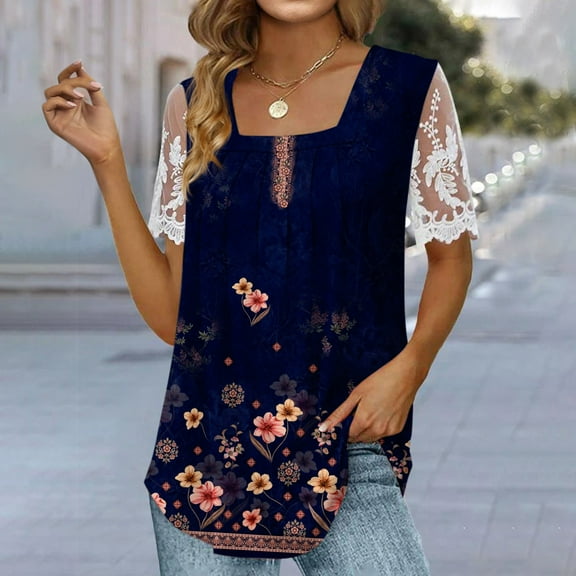 Gifts Usmixi Shirts for Women Elegant Lace Patchwork Pleated Hem Going out Tunic Tops Summer Trendy Floral Print Short Sleeve Square Neck Ladies Blouses Navy l