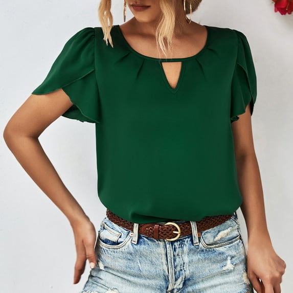 Gifts Usmixi Shirts for Women Fashion Petal Sleeve Pleated Lightweight Keyhole Tunic Tee Tops Summer Trendy Solid Short Sleeve Round Neck Ladies Blouses Green s