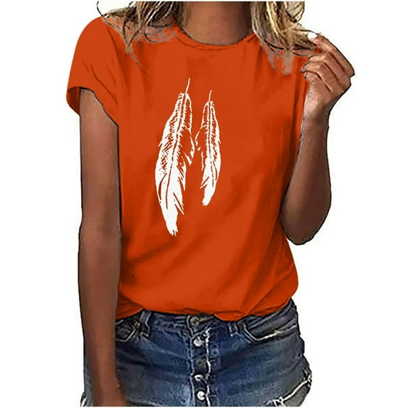Gifts Usmixi Shirts for Women Plus Size Casual Basic Fit Breathable Tee Tops Summer Trendy Feather Print Short Sleeve Round Neck Ladies Blouses Orange l