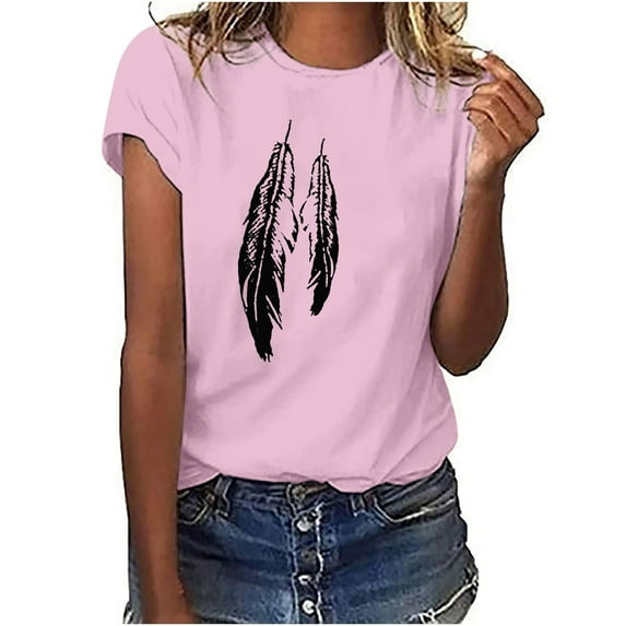 Gifts Usmixi Shirts for Women Plus Size Casual Basic Fit Breathable Tee Tops Summer Trendy Feather Print Short Sleeve Round Neck Ladies Blouses Pink m
