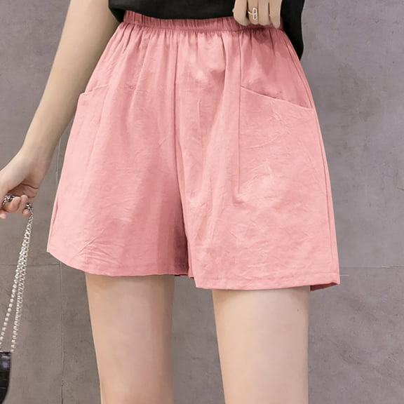 Gifts Usmixi Womens Cotton Linen Shorts Casual Solid High Waist Loose Straight Summer Short Pants Ladies Leisure Wear Shorts with Pocket Pink XXL