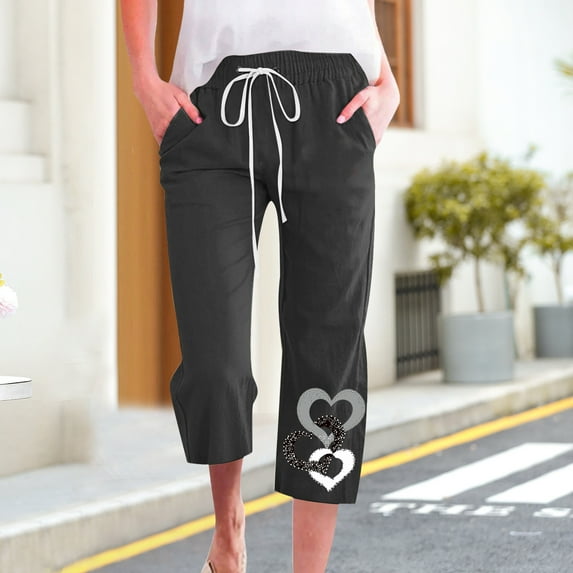 Gifts Usmixi Womens Drawstring Elastic Waist Pants Plus Size Loose Straight 3/4 Trousers Casual Cotton Linen Heart Print Capris Pants with Pocket Black XXL