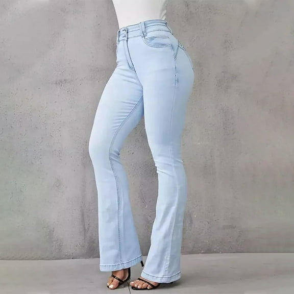 Gifts Usmixi Womens High Waist Jeans Pants Vintage Button Plus Size Stretchy Flared Denim Trousers Casual Solid Denim Pants with Pockets Light Blue m