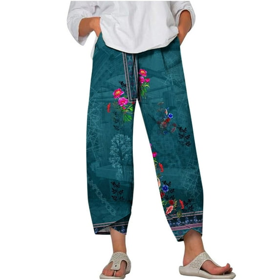 Gifts Usmixi Womens High Waist Pants Vintage Ethnic Style Graphics Plus Size Trousers Loose Irregular Straight Cotton Linen Leisure Long Pants with Pocket Light Blue s