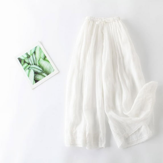 Gifts Usmixi Womens Loose Wide Leg Long Pants Vintage Embroidery Cotton Linen Straight Trousers Casual Elastic Waist Drawstring Pocket Pants White XL