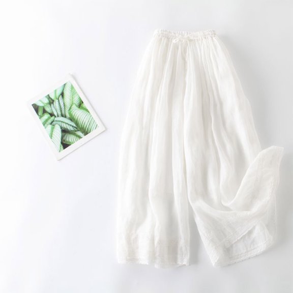 Gifts Usmixi Womens Loose Wide Leg Long Pants Vintage Embroidery Cotton Linen Straight Trousers Casual Elastic Waist Drawstring Pocket Pants White XL