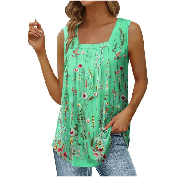 Gifts Usmixi Womens Tank Tops Beach Fashion Loose Fit Pleated Swing Lightweight Tshirts Vest Summer Trendy Plants Print Square Neck Sleeveless Shirts Blouse Green l