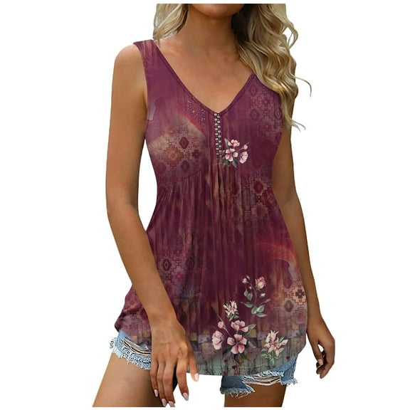 Gifts Usmixi Womens Tank Tops Beach Lightweight Fashion High Waist Pleated Hem Tunic Shirts Vest Summer Trendy Floral V-Neck Sleeveless Shirts Blouse Wine m