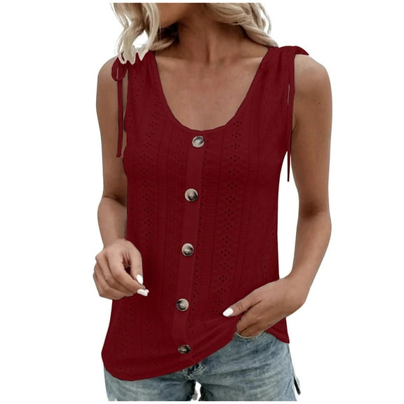 Gifts Usmixi Womens Tank Tops Casual Button Down Breathable Comfy Hollowed Vest Shirts with Strappy Summer Trendy Solid Scoop Neck Sleeveless Shirts Blouse Wine XXL