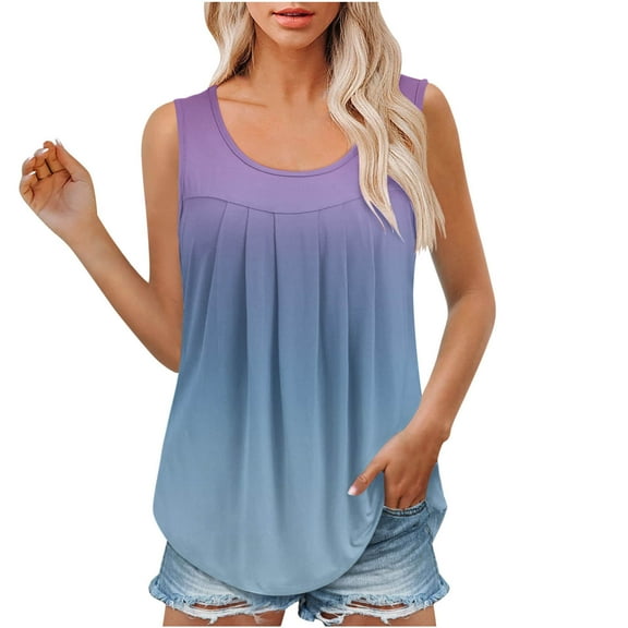 Gifts Usmixi Womens Tank Tops Fashion Loose Fit Irregular Pleated Hem Ladies Tunic Shirts Summer Trendy Gradient Print Crewneck Sleeveless Shirts Blouse Light Blue XL