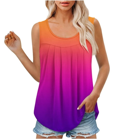 Gifts Usmixi Womens Tank Tops Fashion Loose Fit Irregular Pleated Hem Ladies Tunic Shirts Summer Trendy Gradient Print Crewneck Sleeveless Shirts Blouse Orange XL
