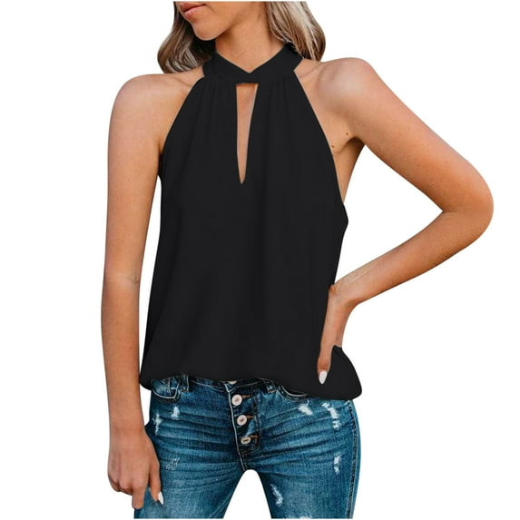 Gifts Usmixi Womens Tank Tops Going out Sexy Keyhole off Shoulder Chiffon Shirts Vest Summer Trendy Solid Halter Sleeveless Shirts Blouse Black s
