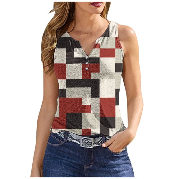 Gifts Usmixi Womens Tank Tops Slim Fit Comfy Breathable Casual Button Down Tunic Shirts Summer Trendy Geometric Print V-Neck Sleeveless Shirts Blouse Red m