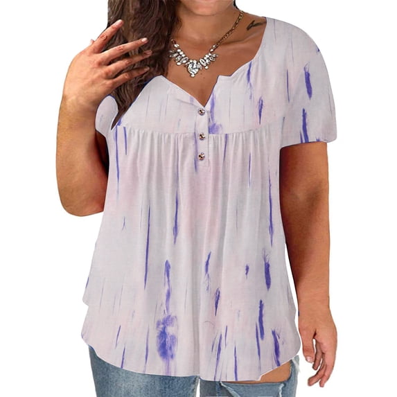 Gifts Usmixi Womens Tops Fashion Button Down Lightweight Comfy Plus Size Tunic Shirts Summer Cute Tie-Dye Print V-Neck Short Sleeve Blouses White XL