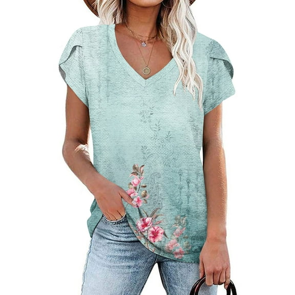 Gifts Usmixi Womens Tops Fashion Petal Sleeve Vintage Graphics Loose Fit Tee Shirts Summer Cute Floral Print V-Neck Short Sleeve Blouses Light Blue m