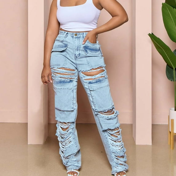 Gifts Usmixi Womens Vintage Ripped Jeans Fashion Loose Straight Leg Distressed Denim Pants Button High Waist Solid Long Trousers with Pockets Blue l