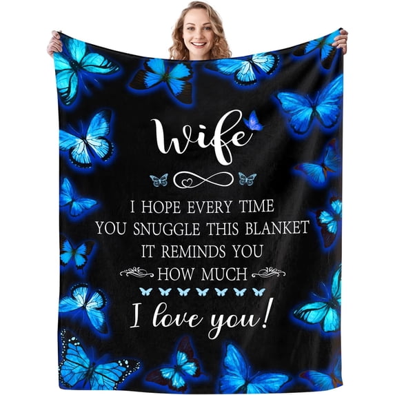 Gifts for Wife Blanket,Wedding from Husband to My Wife Blanket,Wife Blanket with Blue Butterfly,Birthday Gifts Blanket for Wife,Wife Gift Ideas,I Love You Throw Blankets 60"X50"