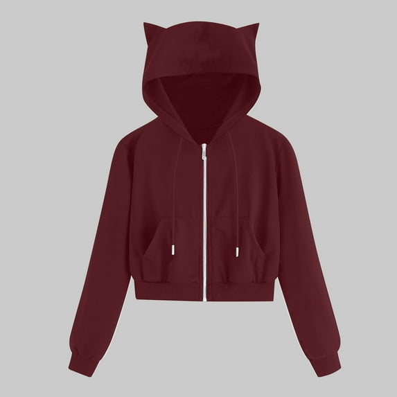 Gifts Winter Womens Sweatshirt Coat Womens Hooded Sweatshirt Coat Open Front Zipper Cute Cat Ear Hoodies Coat Plus Size Casual Solid Long Sleeve Pocket Short Outwear