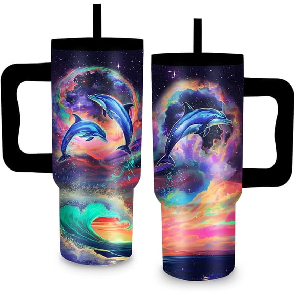 Gifts for Women - 20 oz Dolphin Tumbler with Handle and Straw - Insulated Stainless Steel Cup, Leakproof, Cute Ocean Animal Lovers Design Travel Mug, Fits Car Cup Holders, Keeps Drinks Cold/Hot