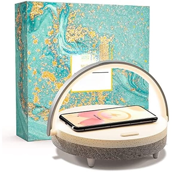 Gifts for Women, 4-in-1 Bluetooth Speaker, Bedside Lamp with Wireless Charger, Dimmable Night Light and Phone Holder, Birthday Gifts for Teens, Families and Friends