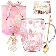 Gifts for Women Dried Flowers Double Wall Glass Coffee Mugs Cute Glass Tea Cups with Handles Autumn Mug Christmas Birthday Gifts for Best Friend Teacher Mum Gif