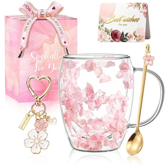 Gifts for Women Dried Flowers Double Wall Glass Coffee Mugs Cute Glass Tea Cups with Handles Autumn Mug Christmas Birthday Gifts for Best Friend Teacher Mum Gift New Home Gift Ideas Home Decor