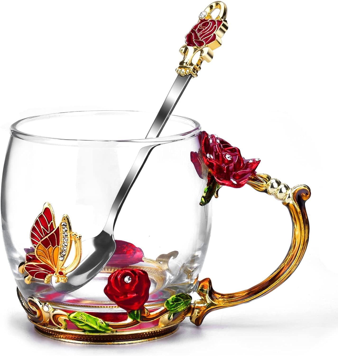 Gifts for Women Christmas Valentines Day Mothers Day Birthday Anniversary Gift Butterfly Rose Glass Coffee Enamel Mug Red Tea Cup with Spoon Set