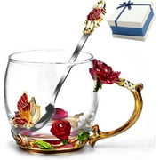 Gifts for Women Christmas Valentines Day Mothers Day Birthday Anniversary Gift Butterfly Rose Glass Coffee Enamel Mug Red Tea Cup with Spoon Set