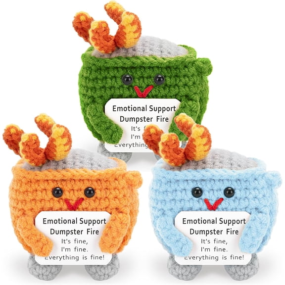 Gifts for Women Men - Emotional Dumpster Crochet Fire, Handmade Dumpster Doll with Positive Affirmations for Friends Decor Accessories Funny Gag Gifts (Green&Blue&Orange)